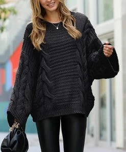 42POPS | Black Cable-Knit Crewneck Bell-Sleeve Sweater - Women