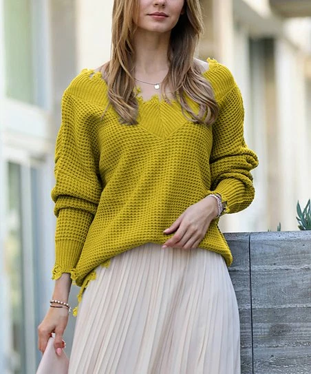 42POPS | Olive Mustard Distressed V-Neck Bishop-Sleeve Sweater - Women