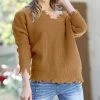 42POPS | Deep Camel Distressed Drop-Shoulder V-Neck Oversize Sweater - Women