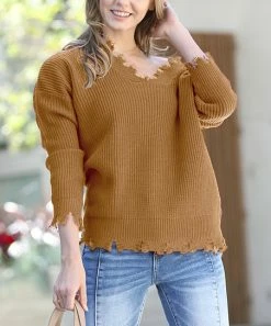42POPS | Deep Camel Distressed Drop-Shoulder V-Neck Oversize Sweater - Women