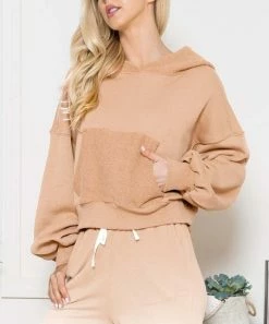 42POPS | Camel Drop-Shoulder Puff-Sleeve Pocket Hoodie - Women