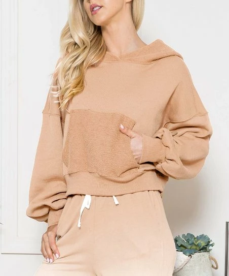 42POPS | Camel Drop-Shoulder Puff-Sleeve Pocket Hoodie - Women