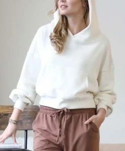 42POPS | Cream Drop-Shoulder Puff-Sleeve Pocket Hoodie - Women