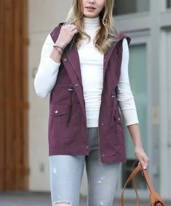 42POPS | Eggplant Drawstring-Waist Hooded Pocket Vest - Women