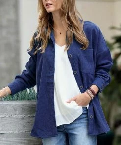42POPS | Light Navy Corduroy Oversize Button-Up Long-Sleeve Shacket - Women