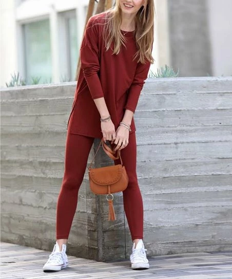 42POPS | Dark Rust Crewneck Long-Sleeve Top & Leggings - Women