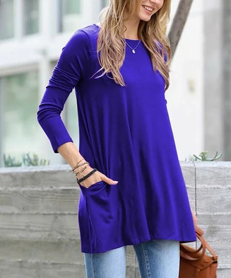 42POPS | Bright Blue Boatneck Long-Sleeve Pocket Swing Top - Women