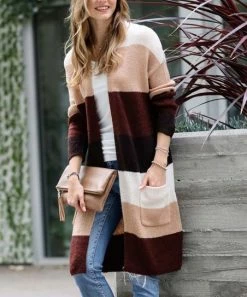 42POPS | Khaki & Brown Color Block Long-Sleeve Open Pocket Cardigan - Women