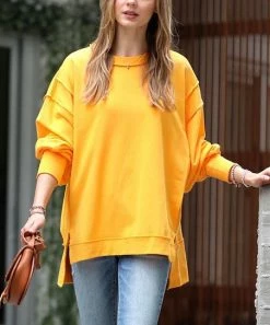42POPS | Yellow Gold Side-Slit Exposed-Seam Oversize Crewneck Hi-Low Sweatshirt - Women