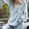 42POPS | Light Denim Blue Checkerboard Wash Puff-Sleeve Button-Front Top - Women