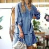 42POPS | Sky Blue Roll-Tab Drop-Waist Pocket Button-Up Denim Dress - Women