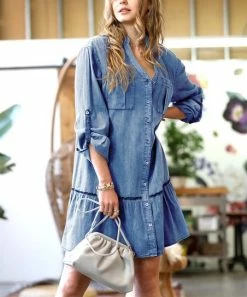 42POPS | Sky Blue Roll-Tab Drop-Waist Pocket Button-Up Denim Dress - Women