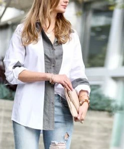 42POPS | White & Denim Gray Color Block Button-Up - Women