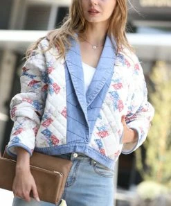 42POPS | Off-White & Blue Abstract Quilted Shawl-Collar Pocket Jacket - Women