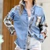 42POPS | Denim Blue & Mocha Plaid Color-Block Vintage-Wash Shacket - Women