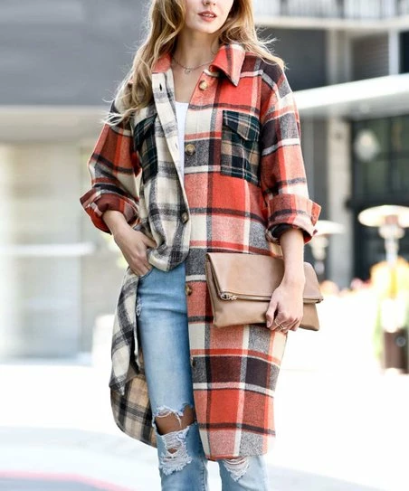 42POPS | Latte & Rust Plaid Pocket Button-Up Coat - Women