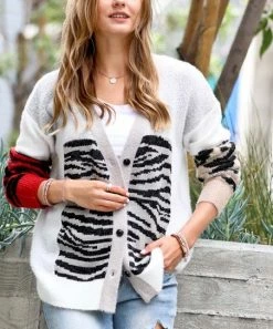 42POPS | White & Black Zebra Color-Block Cardigan - Women