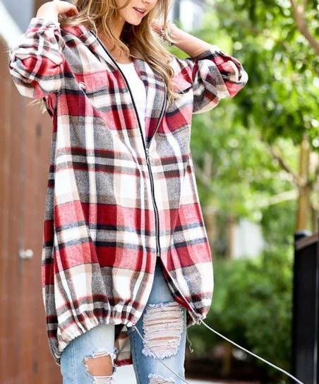 42POPS | Red & White Plaid Drawstring-Hem Zip-Up Hooded Coat - Women