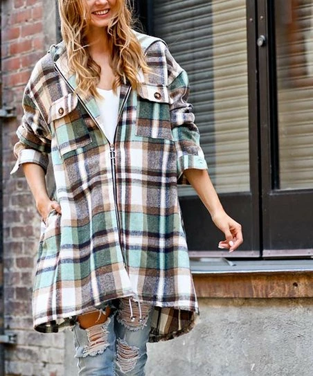 42POPS | White & Green Plaid Pocket Zip-Up Hooded Coat - Women
