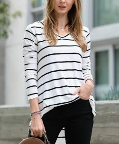 42POPS | Ivory & Black Stripe Dolphin-Hem V-Neck Long-Sleeve Top - Women