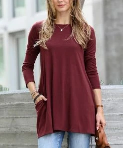 42POPS | Dark Burgundy Boatneck Long-Sleeve Pocket Swing Top - Women