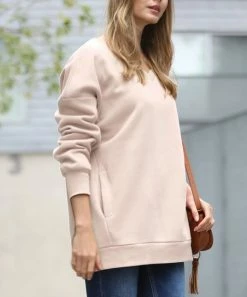 42POPS | Dusty Blush V-Neck Drop-Shoulder Pocket Tunic Sweatshirt - Women