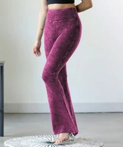 42POPS | Neon Magenta Mineral Wash Raw-Edge High-Waist Yoga Pants - Women