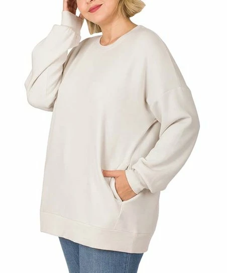 42POPS | Bone Crewneck Long-Sleeve Pocket Sweatshirt - Plus