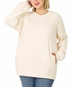 42POPS | Cream Crewneck Long-Sleeve Pocket Sweatshirt - Plus