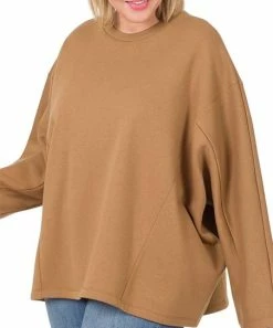 42POPS | Deep Camel Seamline-Accent Crewneck Long-Sleeve Oversize Sweatshirt - Plus