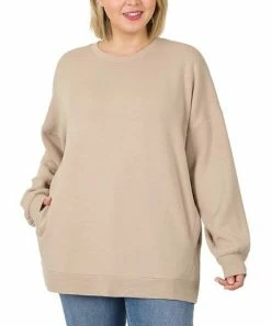 42POPS | Ash Mocha Crewneck Long-Sleeve Pocket Sweatshirt - Plus