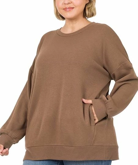 42POPS | Mocha Crewneck Long-Sleeve Pocket Sweatshirt - Plus