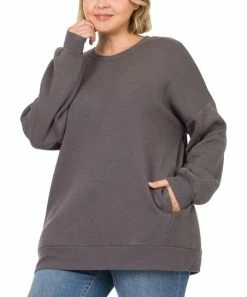 42POPS | Ash Gray Crewneck Long-Sleeve Pocket Sweatshirt - Plus