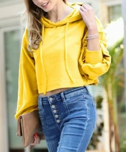 42POPS | Yellow French Terry Drop-Shoulder Puff-Sleeve Crop Hoodie - Women