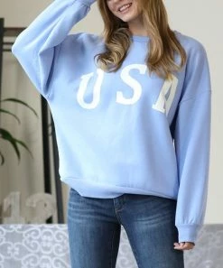 42POPS | Spring Blue & Ivory 'USA' Relaxed-Fit Crewneck Sweatshirt - Women