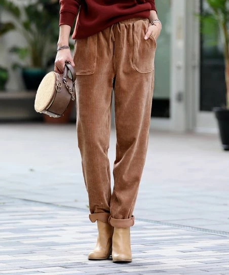 42POPS | Deep Camel Corduroy Drawstring-Waist Cuffed Straight-Leg Pants - Women