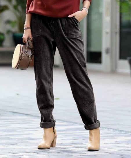 42POPS | Black Corduroy Drawstring-Waist Cuffed Straight-Leg Pants - Women