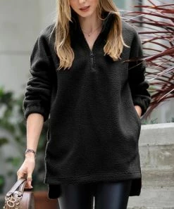 42POPS | Black Fleece Sherpa Pocket Zip-Front Pullover - Women