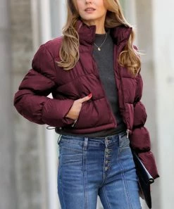 42POPS | Dark Burgundy Crop Pocket Puffer Jacket - Women