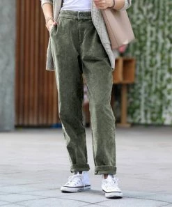 42POPS | Dark Olive Mineral Wash Pleated Pocket Corduroy Straight-Leg Pants - Women