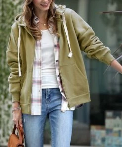 42POPS | Khaki Kangaroo-Pocket Zip-Up Hoodie - Women