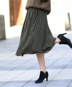 42POPS | Dark Olive High-Waist Pleated Midi Skirt - Women