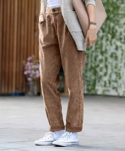 42POPS | Dark Camel Mineral Wash Pleated Pocket Corduroy Straight-Leg Pants - Women