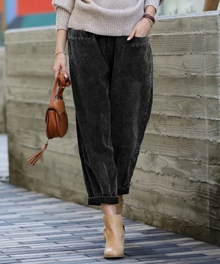 42POPS | Ash Black Vintage Wash Corduroy Pocket Wide-Leg Pants - Women