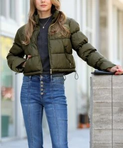 42POPS | Dark Olive Crop Pocket Puffer Jacket - Women