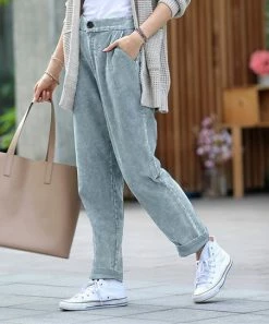 42POPS | Blue Gray Mineral Wash Pleated Pocket Corduroy Straight-Leg Pants - Women