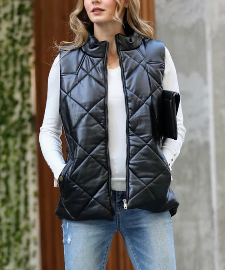 42POPS | Black Faux Leather Diamond-Quilted Pocket Puffer Vest - Women