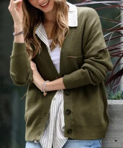 42POPS | Dark Olive & Black Drop-Shoulder Button-Front Cardigan - Women