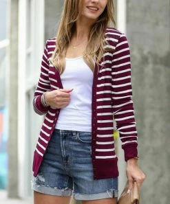 42POPS | Dark Burgundy & Ivory Stripe Snap-Front Cardigan - Women
