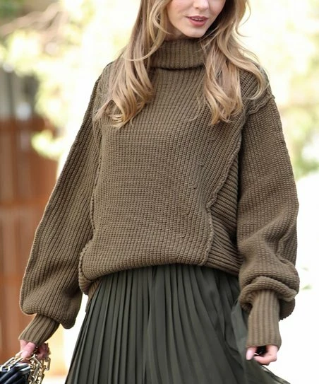 42POPS | Dusty Olive Low-Gauge Turtleneck Oversize Sweater - Women